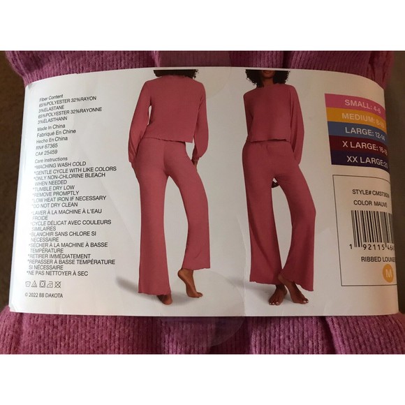 BB Dakota Women's 2-Piece Cozy Soft Brushed Ribbed Lounge Set Medium Pink Mauve - Picture 2 of 2